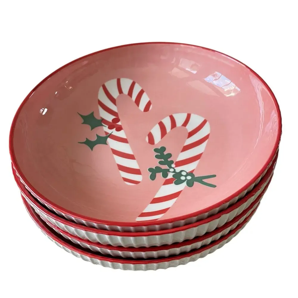 Christmas Candy Cane Dinner Bowl Set of 4 Ceramic Pink Red PrimaDesign Holiday